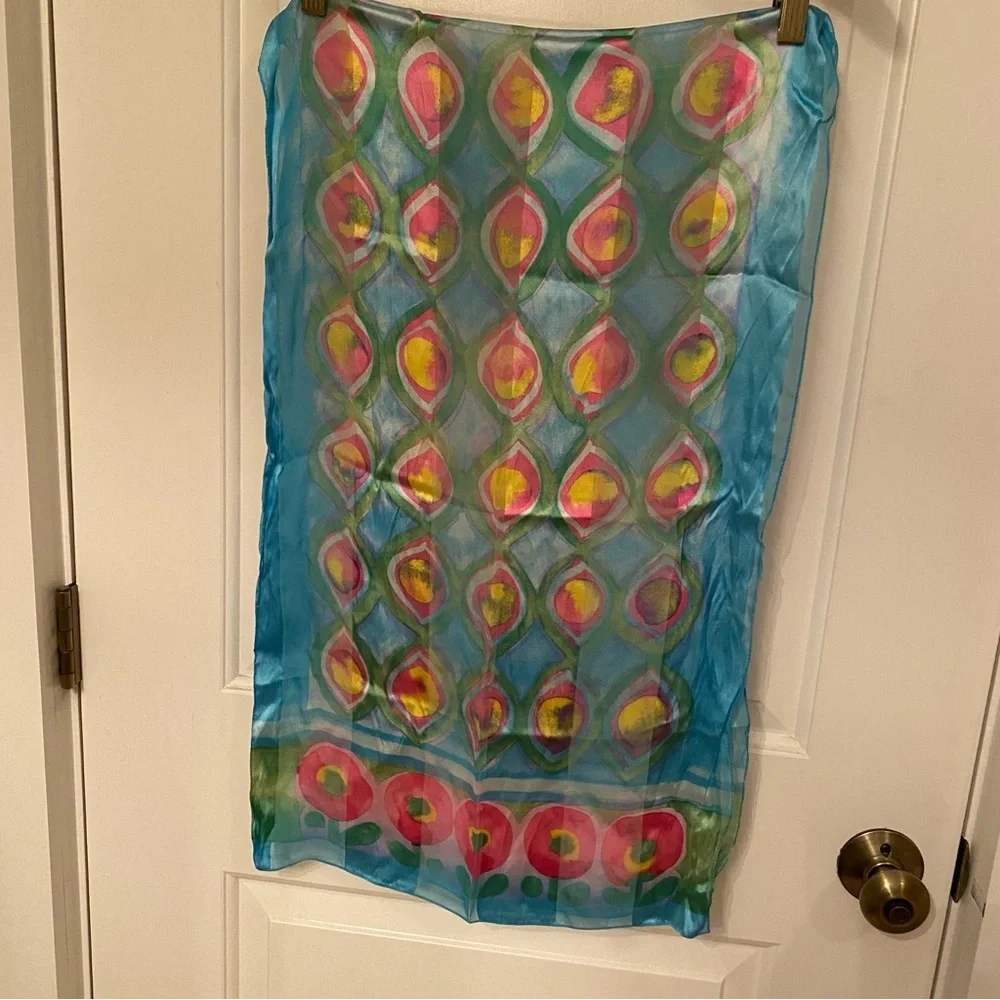 D’ESTE SCARF SILK ITALY BLUE PINK YELLOW GREEN FLORAL LONG RECTANGLE